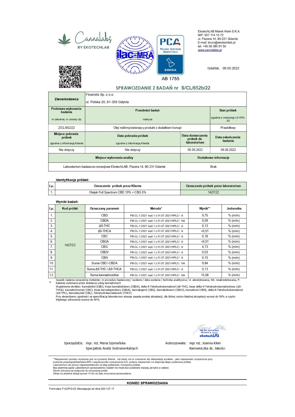 Olejek Konopny Broad Spectrum CBD 10% + CBG 5% - obrazek 3