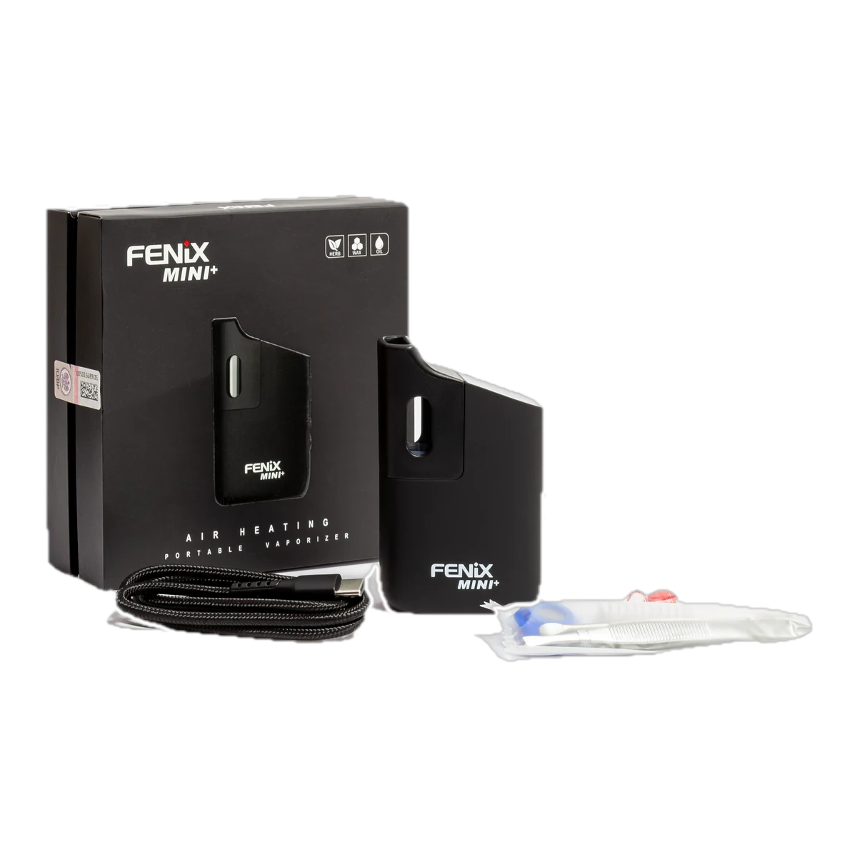 Waporyzator Fenix Mini Plus — zestaw z opakowaniem, kablem i częściami