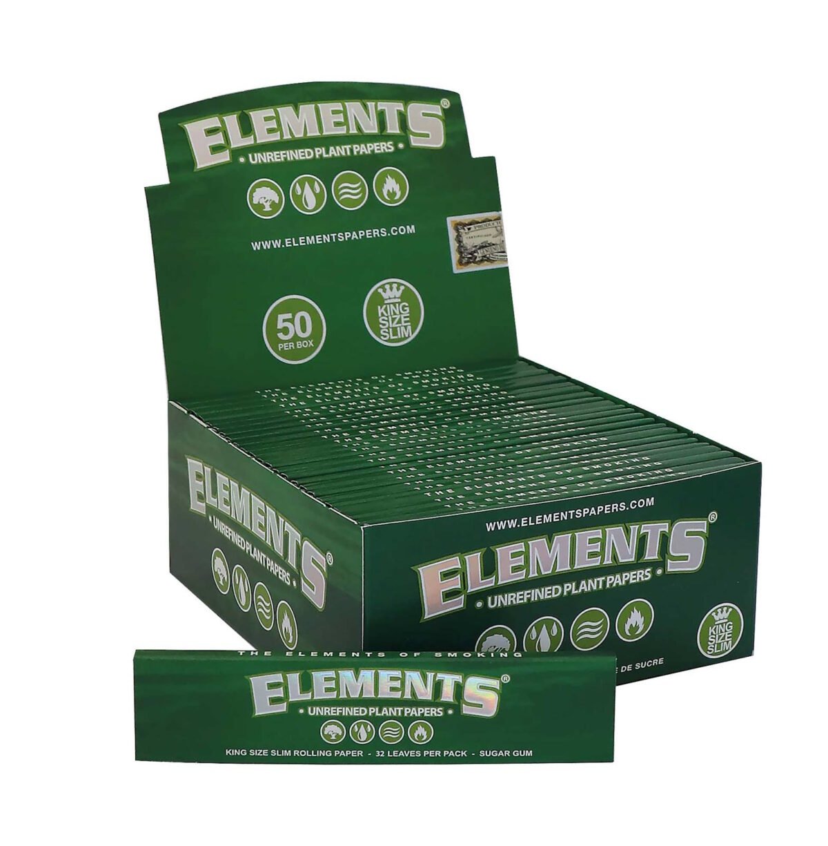 Bibułki bletki ELEMENTS GREEN King Size Slim 32x50 BOX